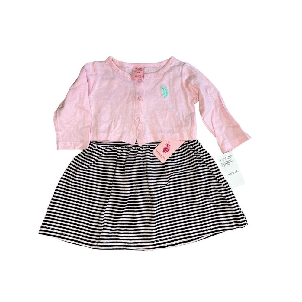 U.S. Polo Assn. Baby Girl's 2-Piece Dress Set Pink Cardigan Striped Dress 12M